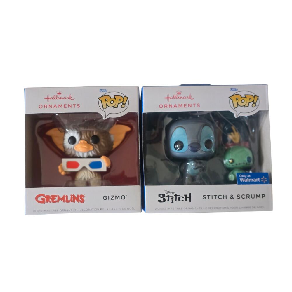 Hallmark Christmas Gizmo and Stitch & Scrump Funko Pop Ornaments NIB